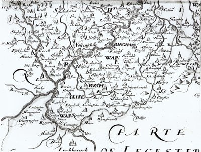 Detail van een kaart van het graafschap Nottinghamshire met de stad Nottingham, 1642 door English School